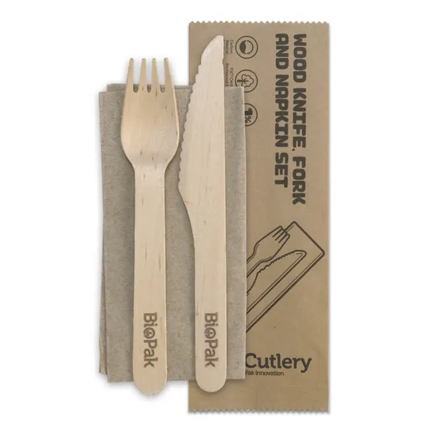 Meal Pack Timber Knife Fork & Napkin